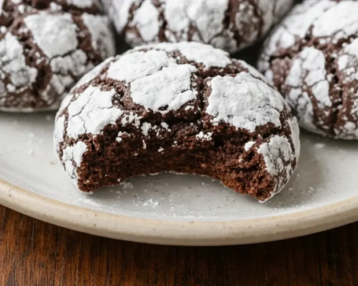 Bitten chocolate crinkle cookie showing a soft fudgy center and cracked powdered sugar top on a plate