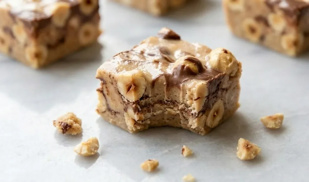 Bitten Hazelnut Chocolate Nougat square showing chewy texture and whole hazelnuts