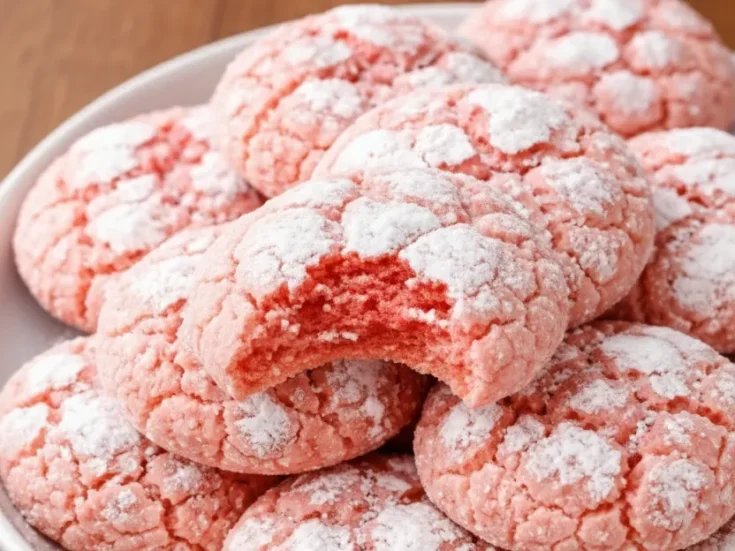 Bitten strawberry crinkle cookies showing a soft pink interior with powdered sugar cracks on a white plate