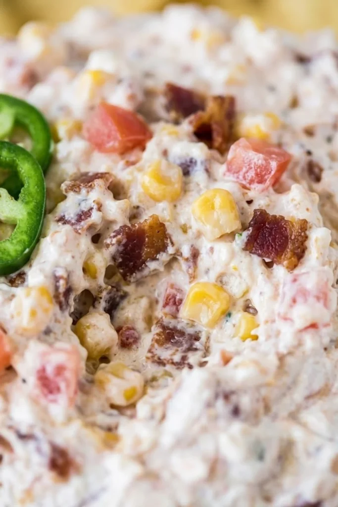 Close-up of creamy Boat Dip Rotel Ranch Dip with bacon, corn, tomatoes, and jalapeño slices