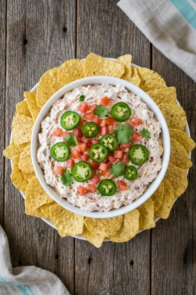 Boat Dip Rotel Ranch Dip topped with jalapeños and tomatoes served with tortilla chips on a platter