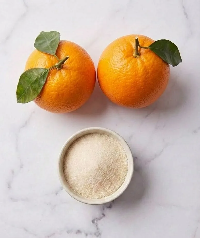 Two fresh oranges with green leaves and a bowl of granulated sugar on marble surface for candied orange peel recipe