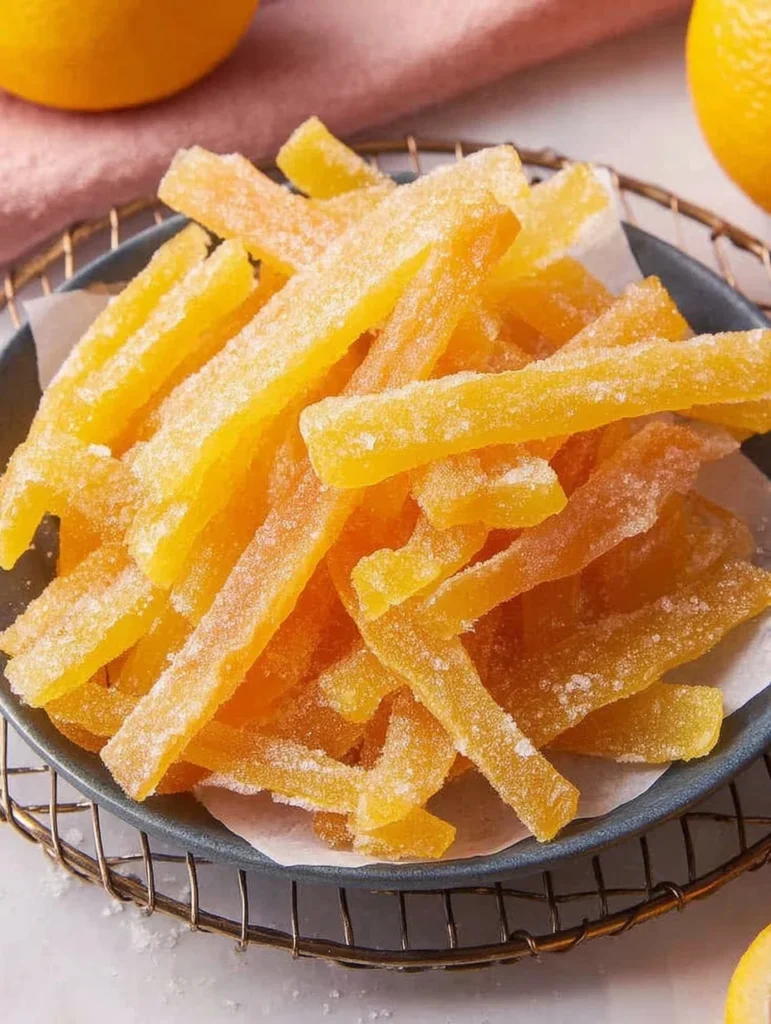 Close-up of sugar-coated candied orange peel strips in a ceramic bowl on marble surface with fresh oranges in background