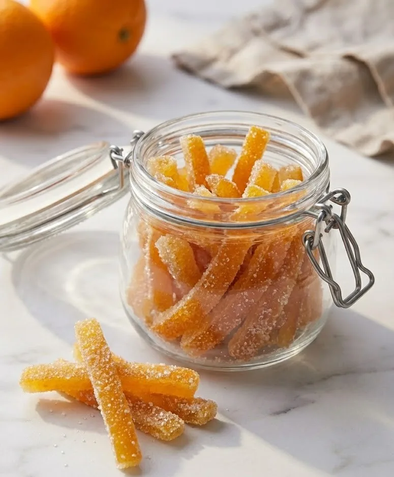 Clear glass jar filled with sugar-coated candied orange peel strips on marble surface with fresh oranges in background