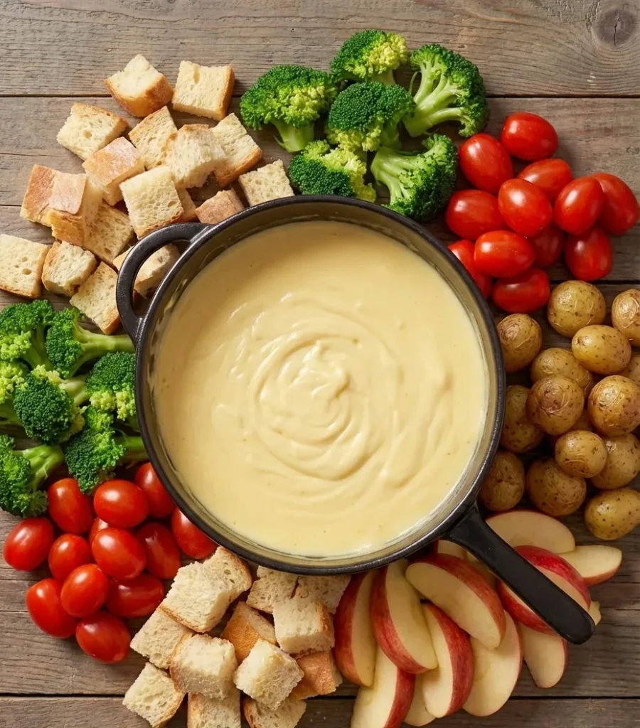 Cheese fondue pot surrounded by bread cubes, broccoli, cherry tomatoes, baby potatoes, and apple slices