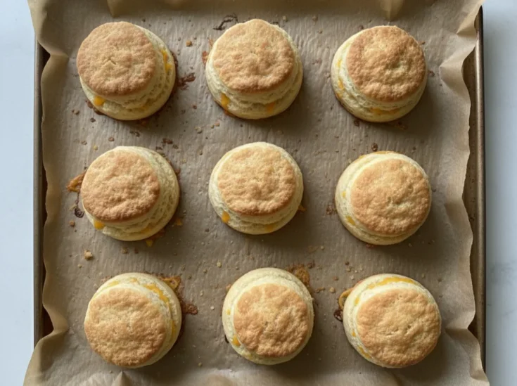 Cheesy beef biscuit bombs baked on a parchment-lined baking sheet with melted cheese
