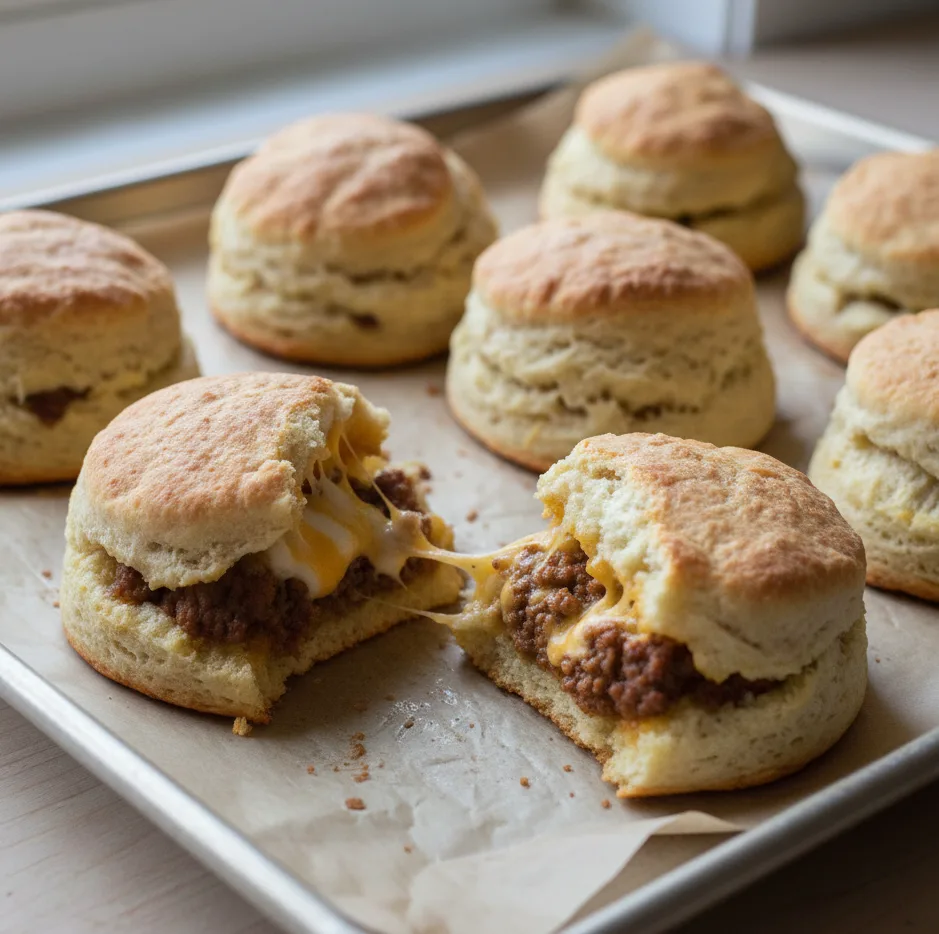 Cheesy beef biscuit bombs broken open showing beef filling and melted cheese on a baking tray