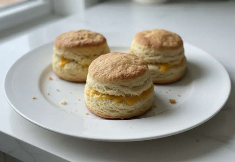 Cheesy beef biscuit bombs served on a white plate with melted cheese filling