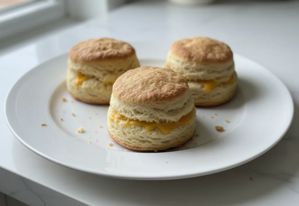Cheesy beef biscuit bombs served on a white plate with melted cheese filling