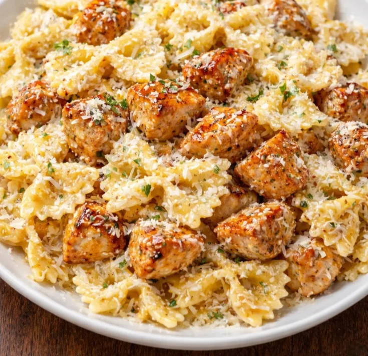 Cheesy garlic butter chicken with bowtie pasta and Parmesan cheese served on a white plate