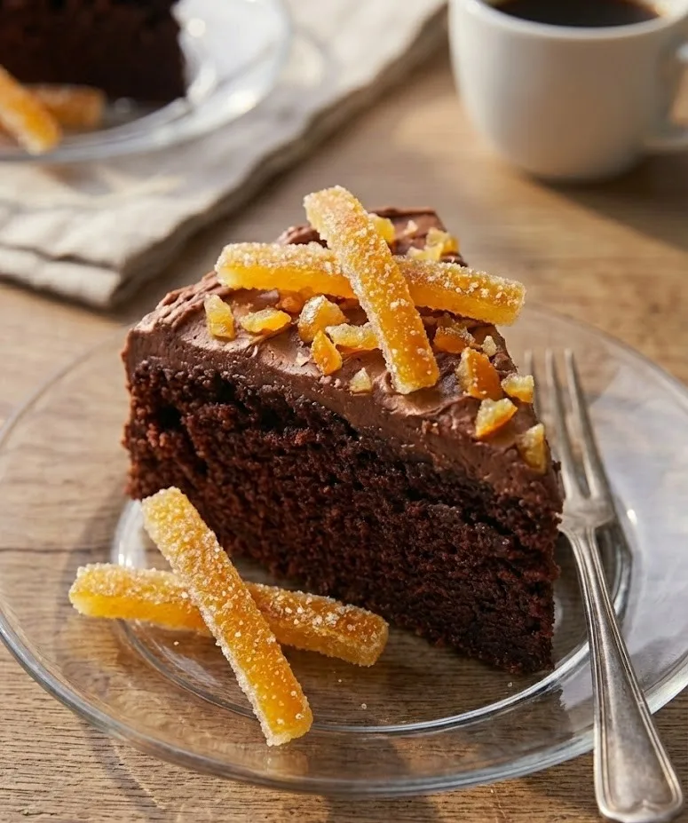 Slice of chocolate cake topped with candied orange peel strips and chopped citrus on a glass plate with coffee in background