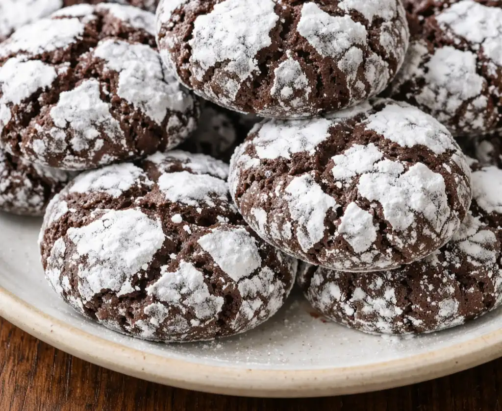 Close-up of chocolate crinkle cookies with cracked powdered sugar tops on a ceramic plate