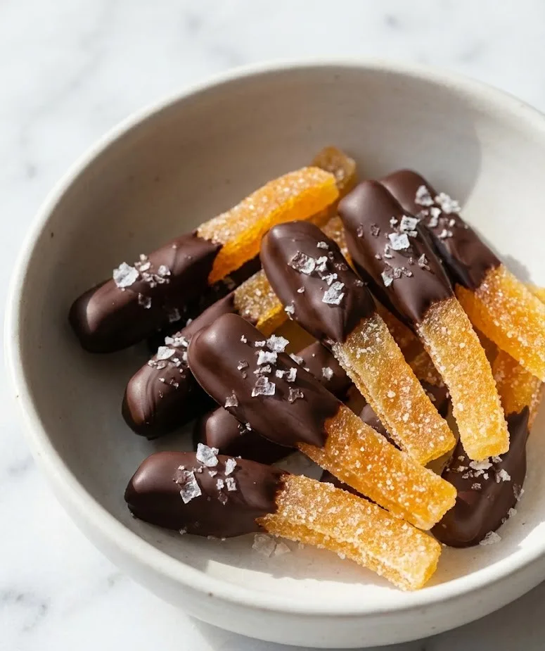 Bowl of sugar-coated candied orange peel half dipped in dark chocolate and topped with flaky sea salt on marble surface