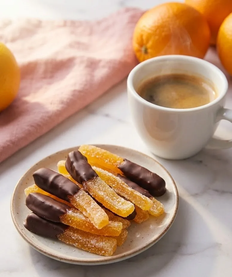 Plate of sugar-coated and chocolate dipped candied orange peel served with a cup of espresso on marble surface with fresh oranges in background