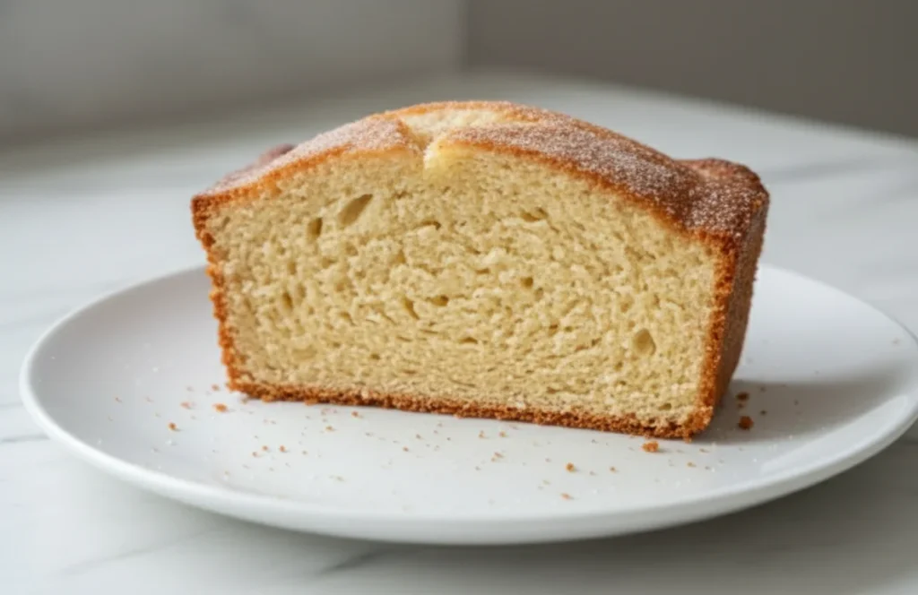 Slice of cinnamon sugar donut bread on a white plate showing soft interior