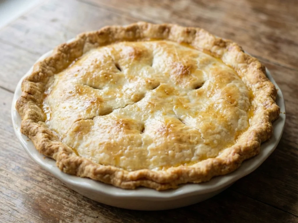 Whole classic crawfish pie with golden flaky crust baked in ceramic pie dish on rustic wooden table.