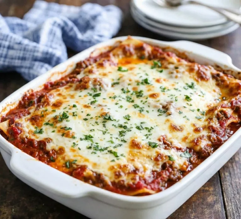 Classic lasagna recipe baked in white casserole dish with golden melted mozzarella and parsley topping