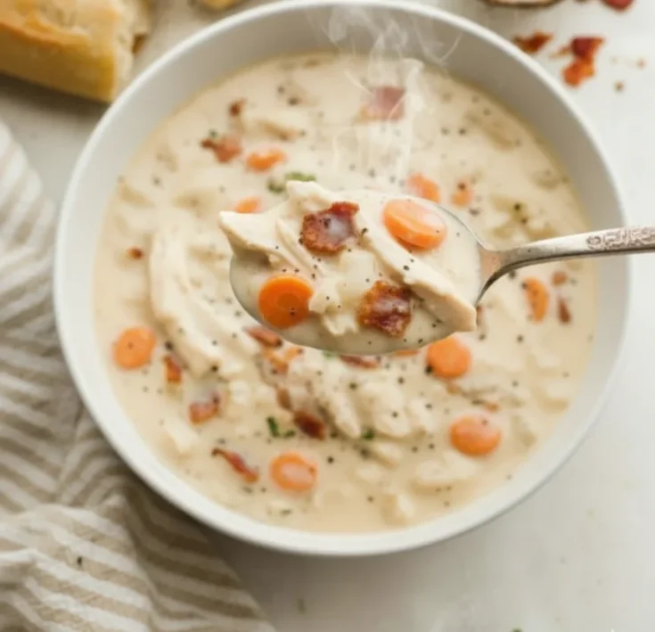 Crack chicken and rice soup with shredded chicken, carrots, bacon, and creamy broth in a white bowl