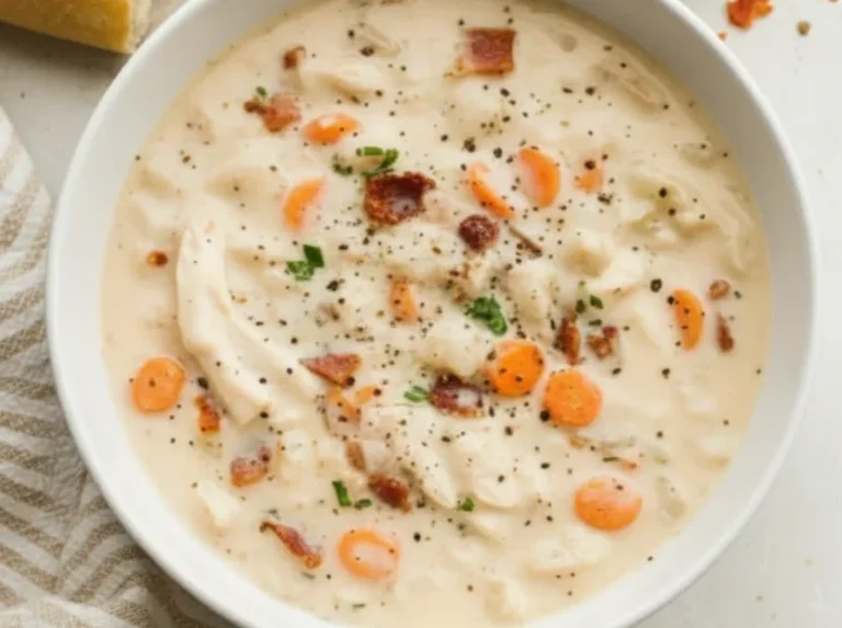Crack chicken and rice soup with shredded chicken, carrots, bacon, and creamy broth in a white bowl