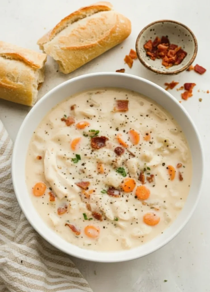 Crack chicken and rice soup served in a white bowl with bacon, carrots, and bread on the side