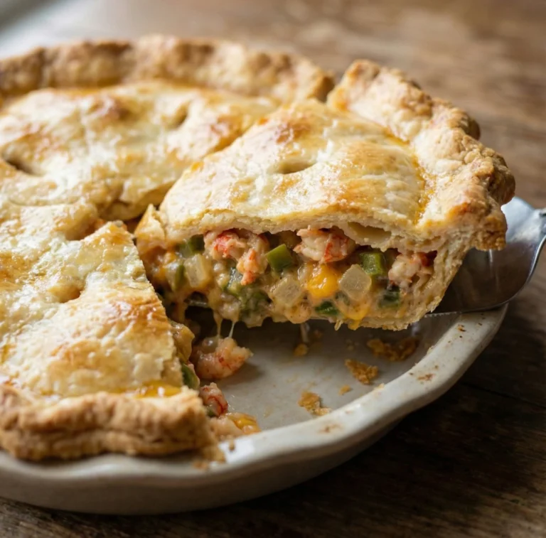 Crawfish pie with slice lifted from baking dish showing creamy crawfish filling and golden flaky crust on wooden table.