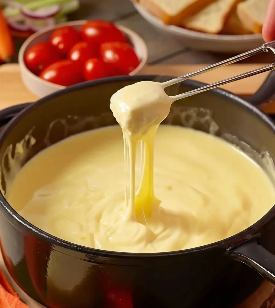 Close-up of creamy cheese fondue with a bread cube lifted showing a natural cheese pull