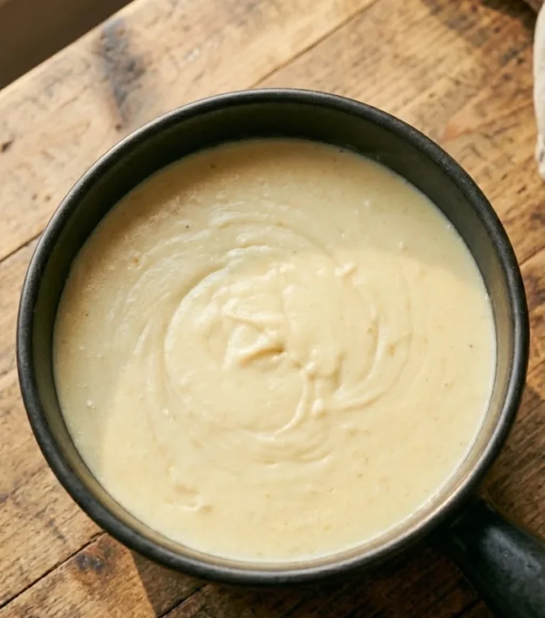 Top view of creamy cheese fondue in a black pot on a rustic wooden table