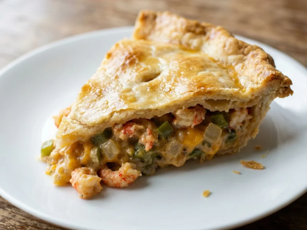 Close-up slice of creamy crawfish pie with golden flaky crust on white plate over wooden surface.