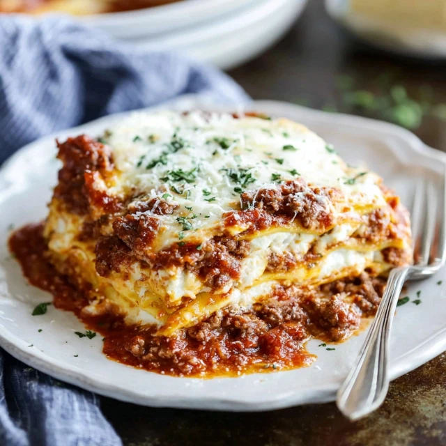 Easy lasagna recipe slice on white plate with rich meat sauce, creamy ricotta layers, and melted mozzarella cheese