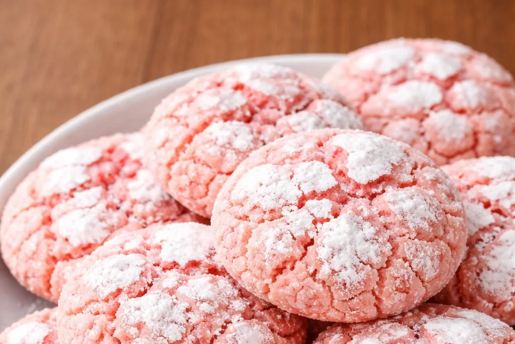 Strawberry crinkle cookies dusted with powdered sugar stacked on a white plate over a wooden surface