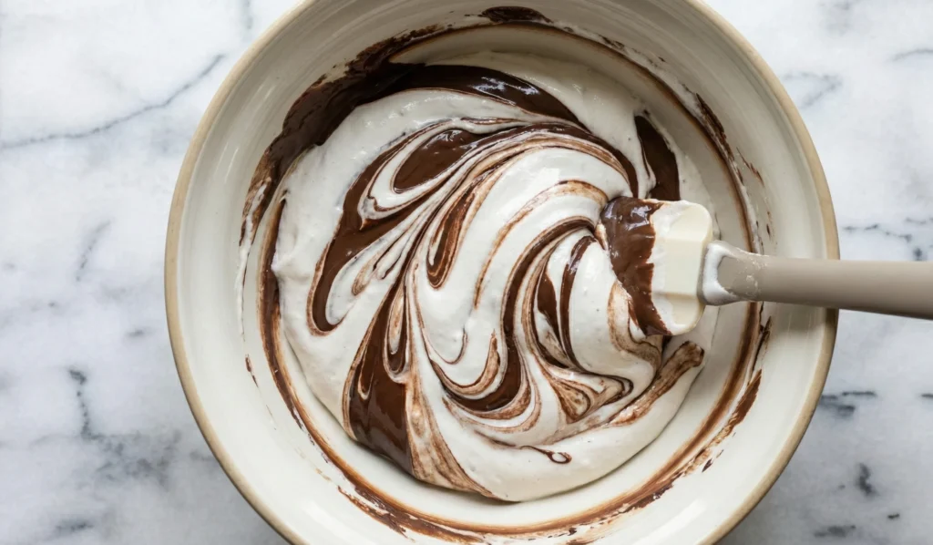 Folding melted chocolate into whipped nougat mixture for Hazelnut Chocolate Nougat