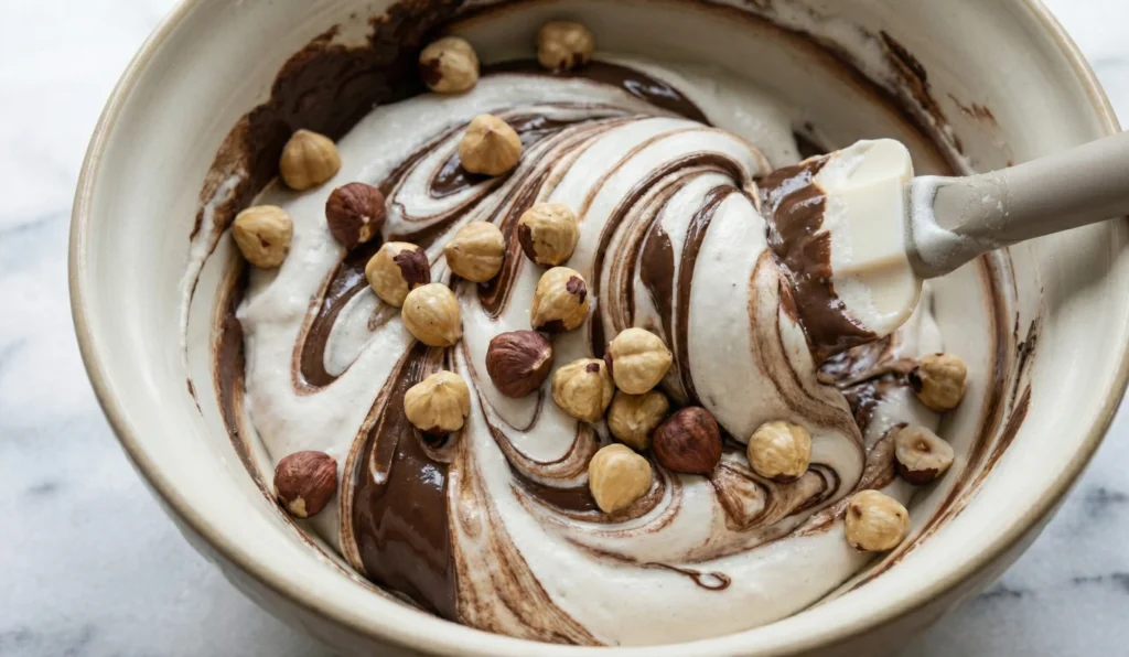 Adding toasted hazelnuts to chocolate marbled nougat mixture for Hazelnut Chocolate Nougat