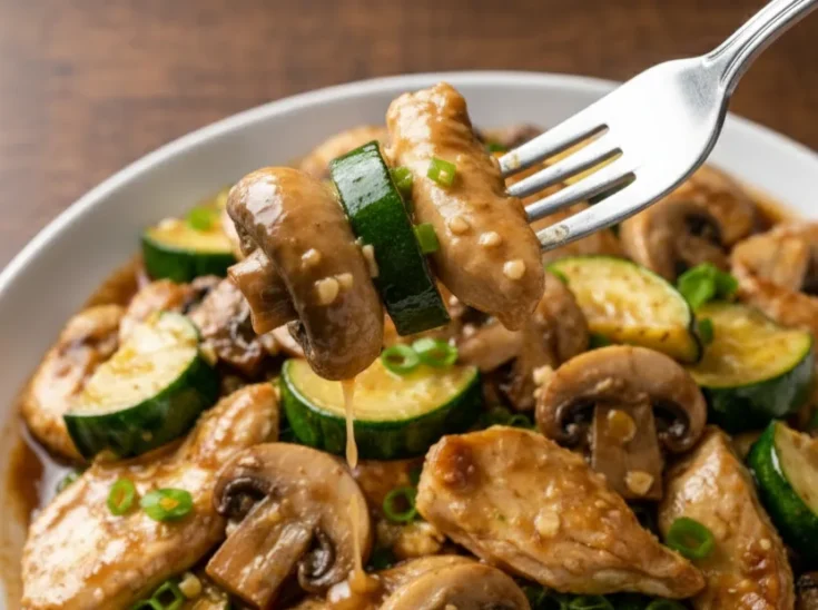 Fork lifting a bite of Panda Express mushroom chicken copycat with glazed chicken, mushrooms, zucchini, and savory garlic sauce