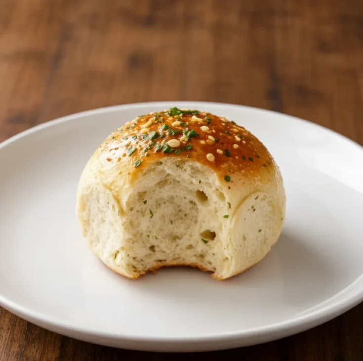 Close-up of a homemade garlic bread roll with a bite taken out, showing soft fluffy interior on a white plate over a wooden table.