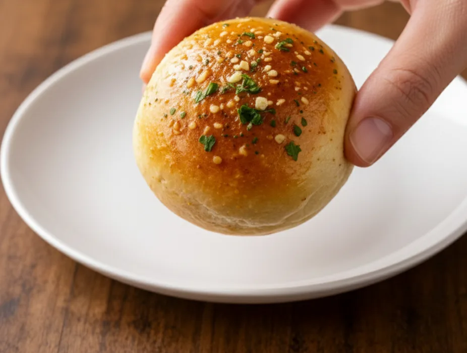 Hand holding a soft golden garlic bread roll with butter glaze and parsley over a white plate on a wooden surface.