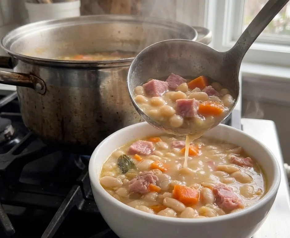 Ham And Bean Soup with navy beans, diced ham, and carrots being ladled from a pot into a white bowl.