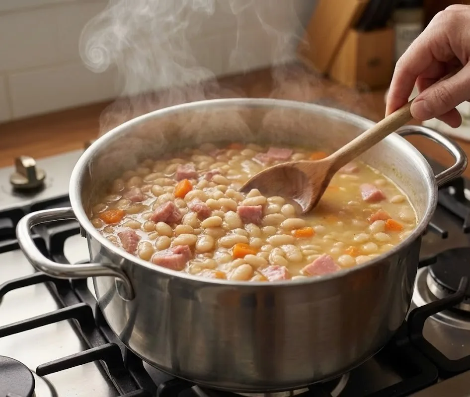 Ham And Bean Soup simmering in a stainless steel pot with navy beans, diced ham, and carrots being stirred with a wooden spoon.