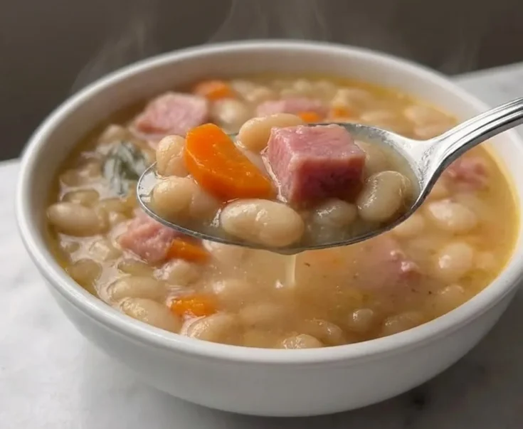 Close-up spoonful of Ham And Bean Soup with creamy navy beans, diced ham, and carrots in a white bowl.