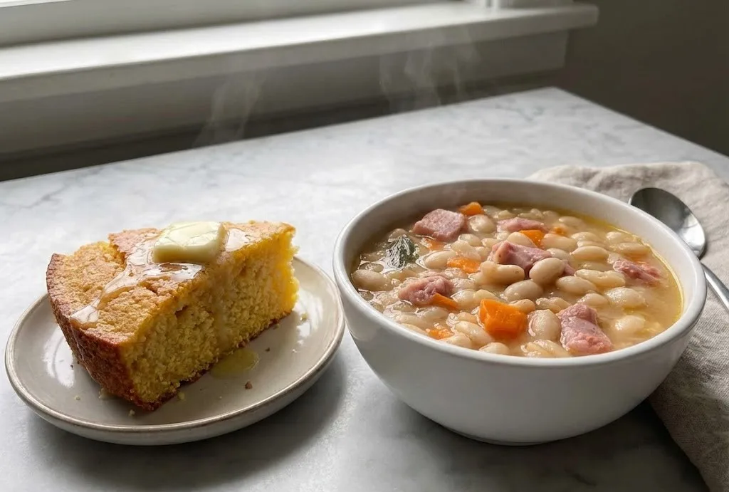 Bowl of Ham And Bean Soup with navy beans, diced ham, and carrots served alongside a slice of cornbread with melted butter.