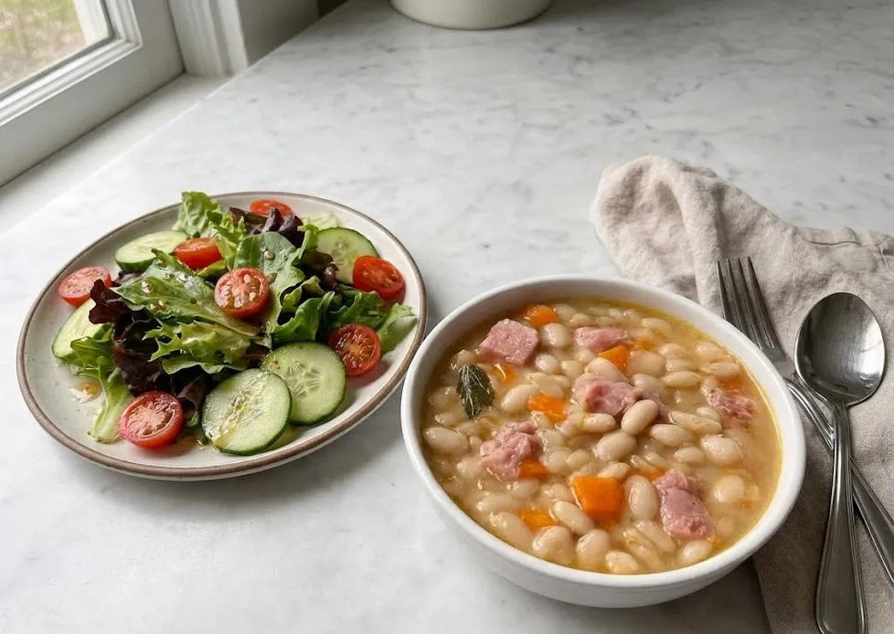 Bowl of Ham And Bean Soup with navy beans, diced ham, and carrots served alongside a fresh green salad with cucumber and cherry tomatoes.