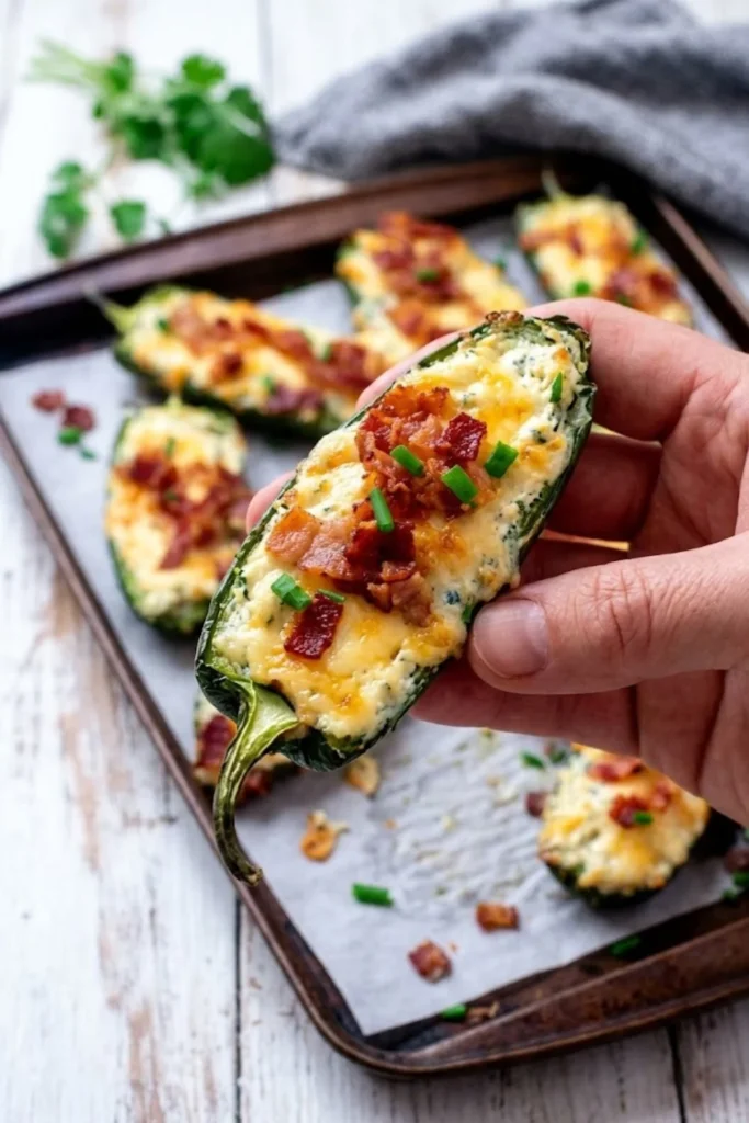 Hand holding Keto Jalapeno Popper Bite topped with melted cheese and crispy bacon