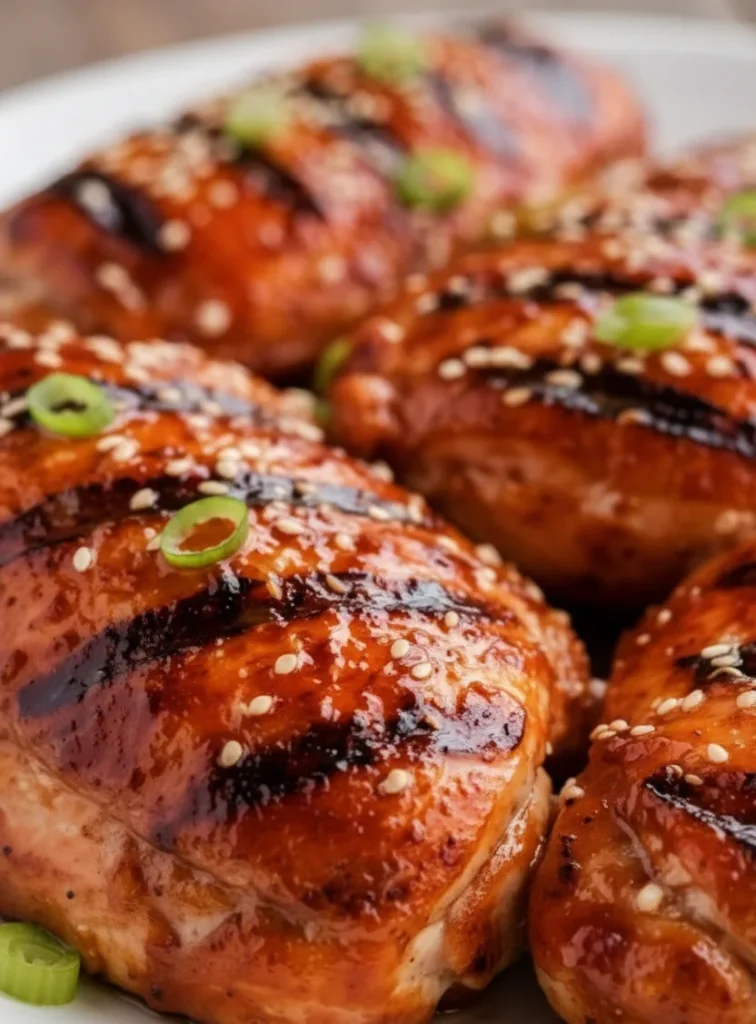 Extreme close-up of Hawaiian Huli Huli Chicken with glossy pineapple glaze, sesame seeds, and grill marks on white plate.