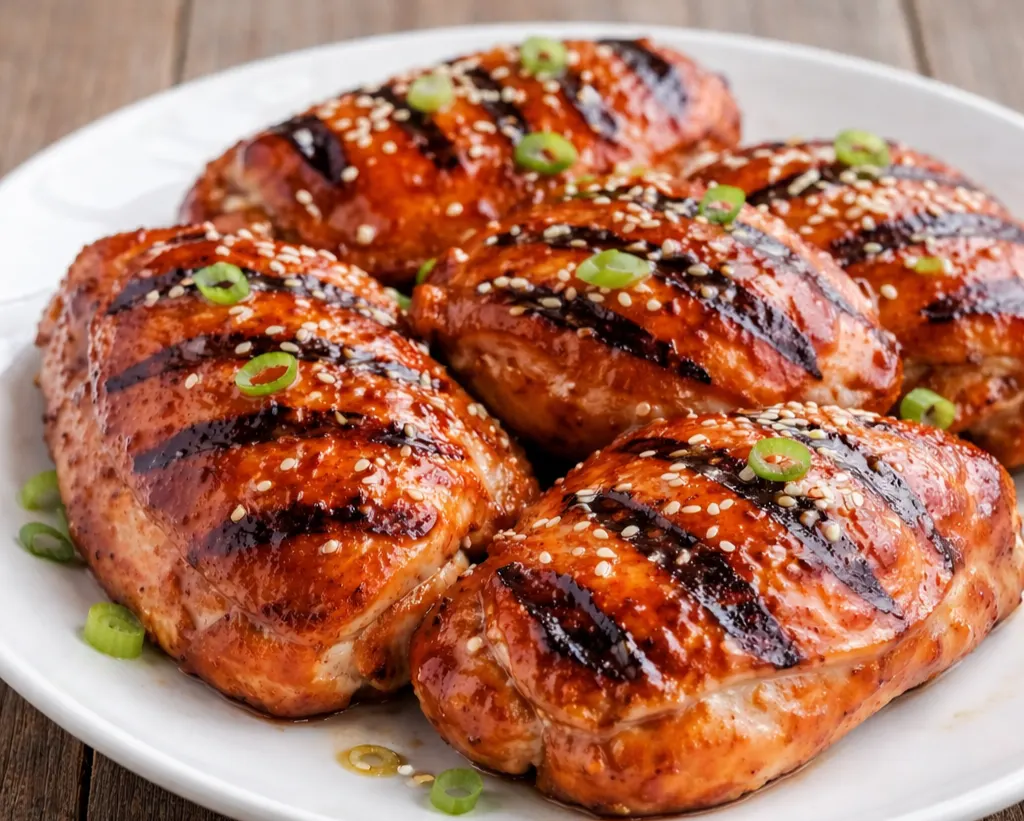 Close-up of Hawaiian Huli Huli Chicken thighs with glossy pineapple glaze and grill marks on white plate over wooden table.