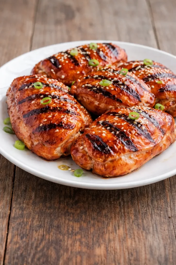 Hawaiian Huli Huli Chicken thighs with caramelized glaze and grill marks on white plate over rustic wooden table.