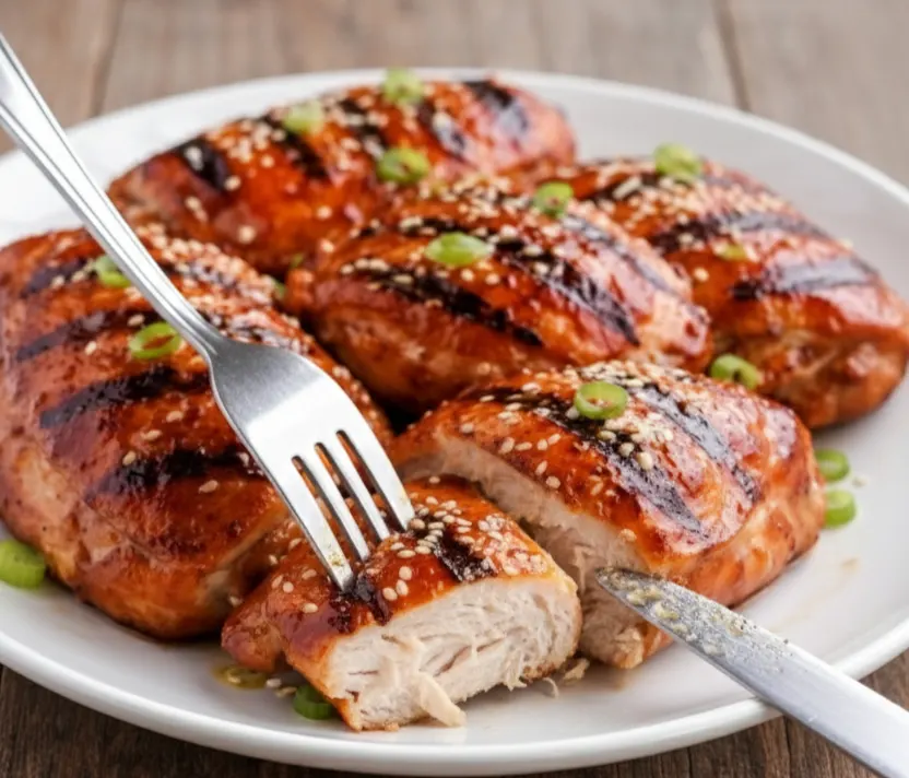 Hawaiian Huli Huli Chicken sliced open with fork and knife showing juicy interior on white plate over wooden table.