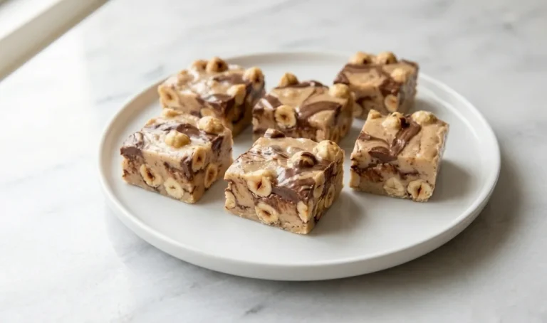 Hazelnut Chocolate Nougat cubes arranged on white plate with visible chocolate swirls and whole hazelnuts