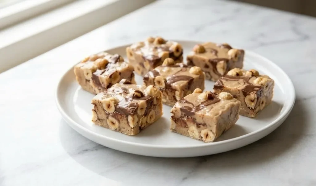 Hazelnut Chocolate Nougat squares served on white plate with whole hazelnuts visible