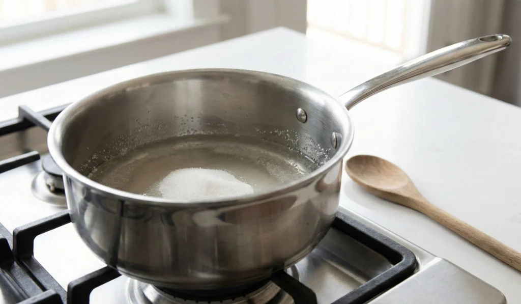 Sugar, corn syrup, and water heating in saucepan for Hazelnut Chocolate Nougat recipe