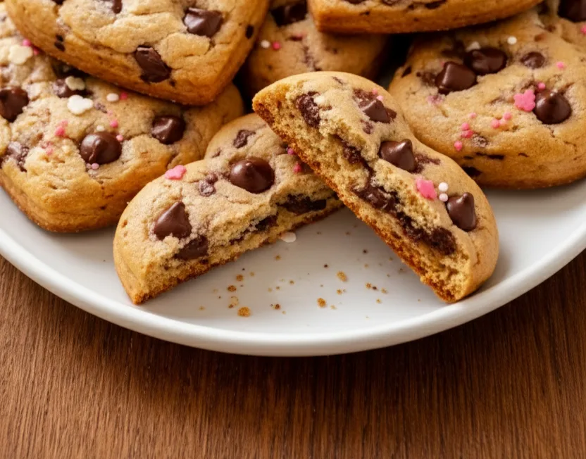 Heart shaped chocolate chip cookies broken open to show soft interior and melted chocolate chips on a white plate