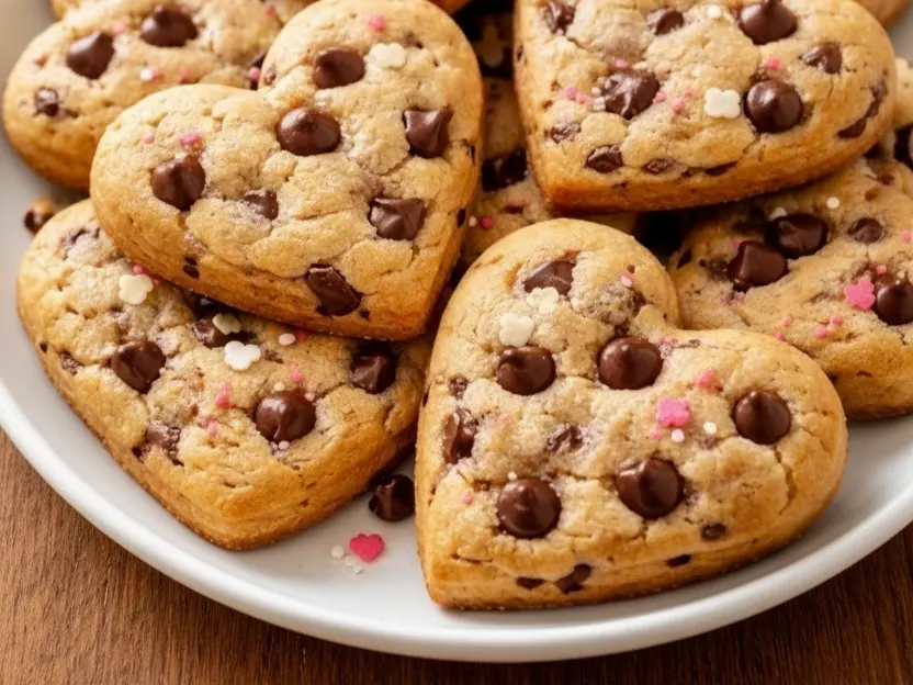 Close-up of heart shaped chocolate chip cookies with melted chocolate chips and golden edges on a white plate